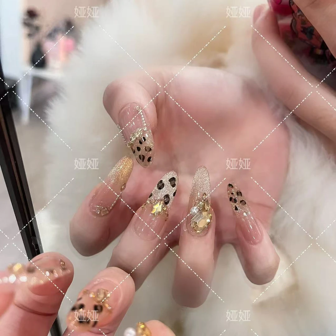 【落日熔金】纯手工穿戴甲秋冬款反复佩戴豹纹美甲贴