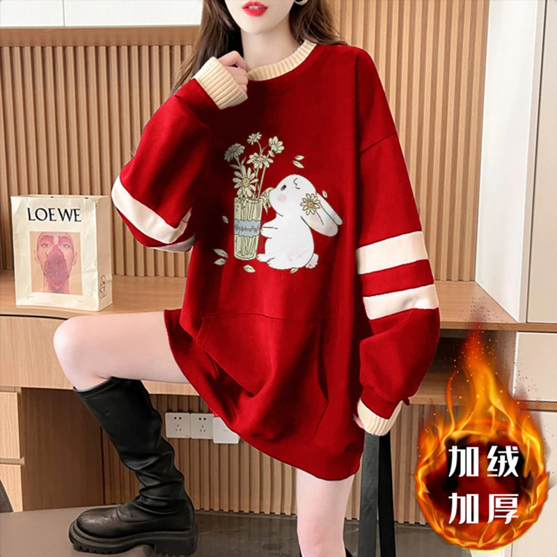 假两件加绒圆领卫衣女2024秋冬新款简约宽松休闲秋季女生套头上衣