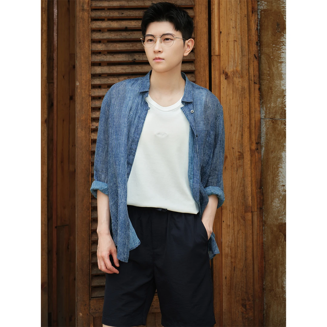 knighttom【轻盈微透感】蓝白条纹苎麻透气舒适中性风长袖衬衣5206