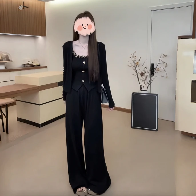 韩系轻熟风气质显瘦吊带上衣长袖开衫高腰直筒长裤三件套装女