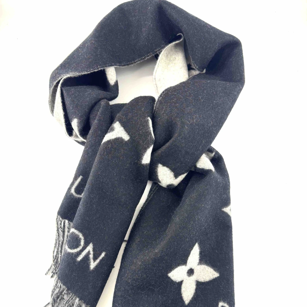 未使用 LouisVuitton/路易威登 灰黑色双面流苏山羊绒围巾 25年