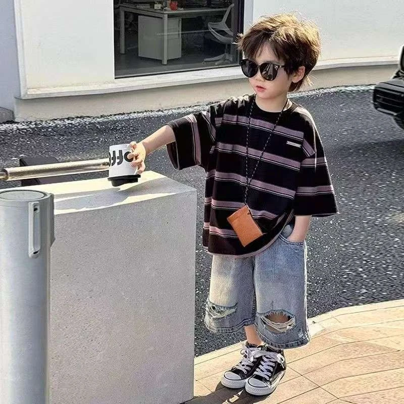 夏季宽松条纹t潮流痞帅舒服男童百搭帅气韩版洋气