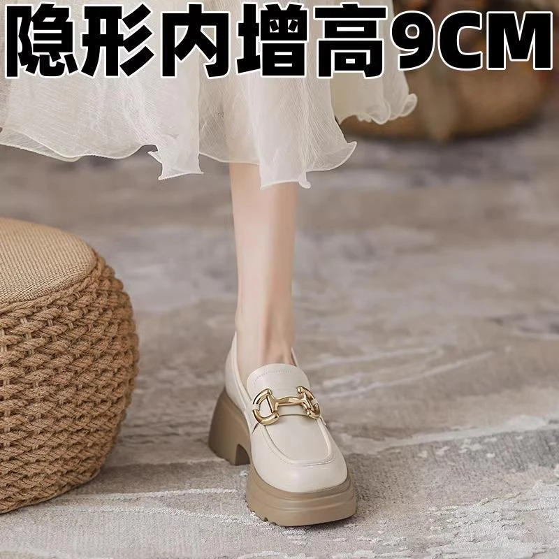高跟厚底乐福鞋真皮粗跟白色一脚蹬英伦小皮鞋小个子内增高女单鞋