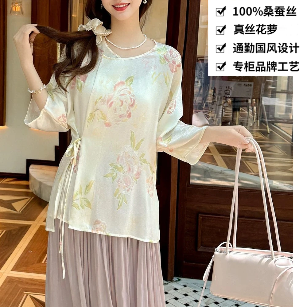 100桑蚕丝重磅真丝花萝花国风红白玫瑰系带T恤上衣ZKB76