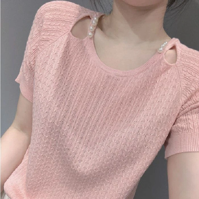 夏新款性感露锁骨冰丝针织衫短袖女欧洲站时尚薄款洋气遮肚子百搭