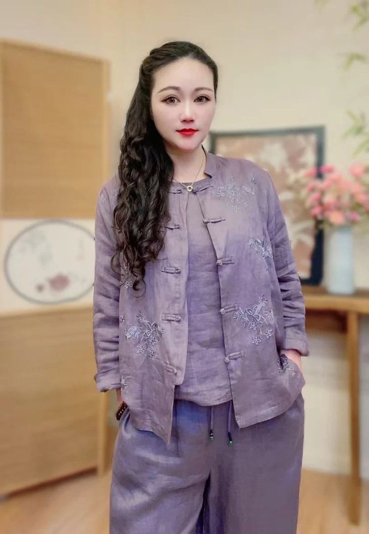 【盛涵】春季新品苎麻中国风立体刺绣对襟盘扣长袖新中式双层外套女