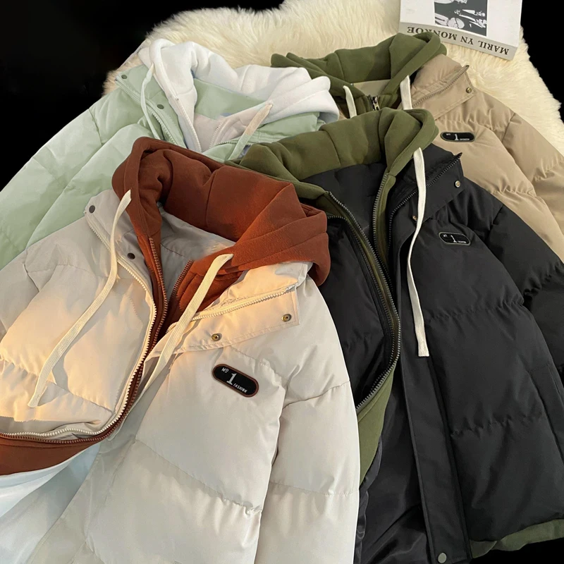 FOPJ美式复古男女同款假两件连帽棉服潮流百搭宽松秋冬季保暖外套