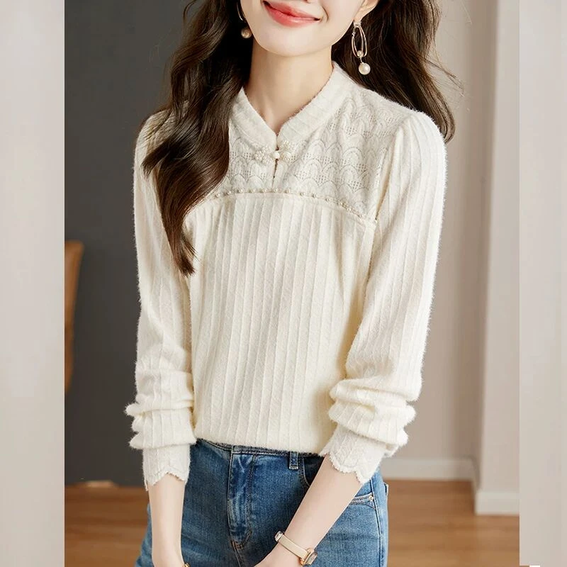 中国风长袖蕾丝衬衫女春季2026年新款立领盘扣打底衫百搭气质上衣