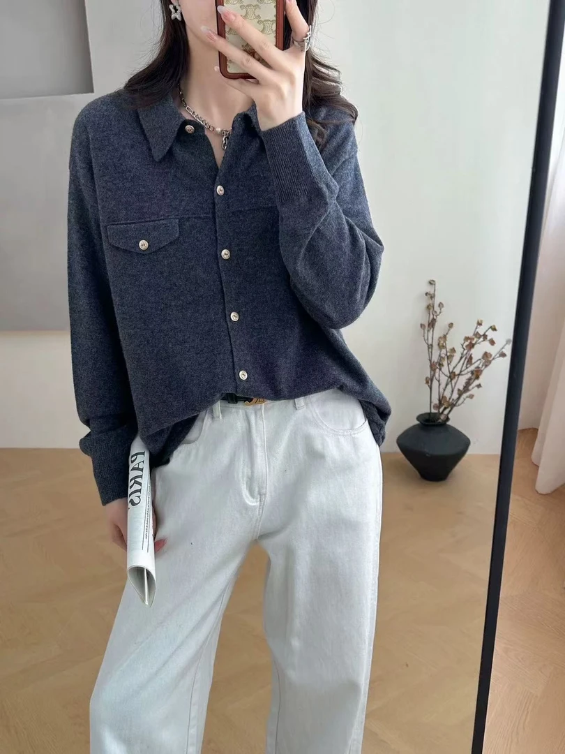 2025春秋新款POLO领羊毛开衫女早春针织衬衣宽松翻领衬衫上衣遮肉