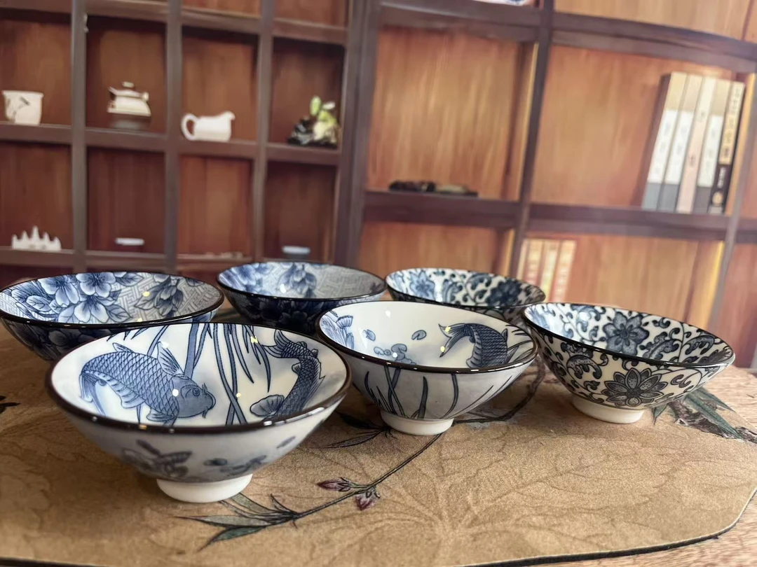 复古青花陶瓷斗笠随机图案六杯3224家用主人杯品茗蓝色