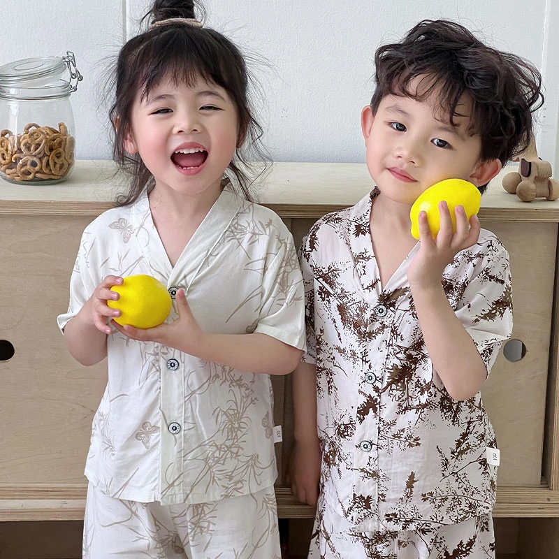 夏季儿童睡衣绵绸中大童薄款短袖七分裤空调宝宝绵绸男女童家居服