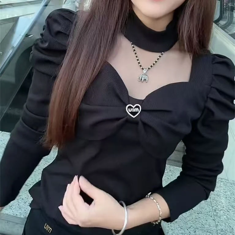春秋时尚女长袖复古豹纹纯色拼接洋气豹纹拼接法式T恤