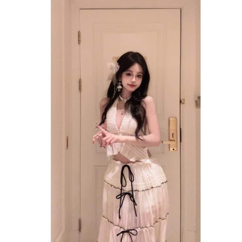 【屁羊】海盐茉莉 沙滩法式重工挂脖上衣性感黑色走线低腰长裙套装