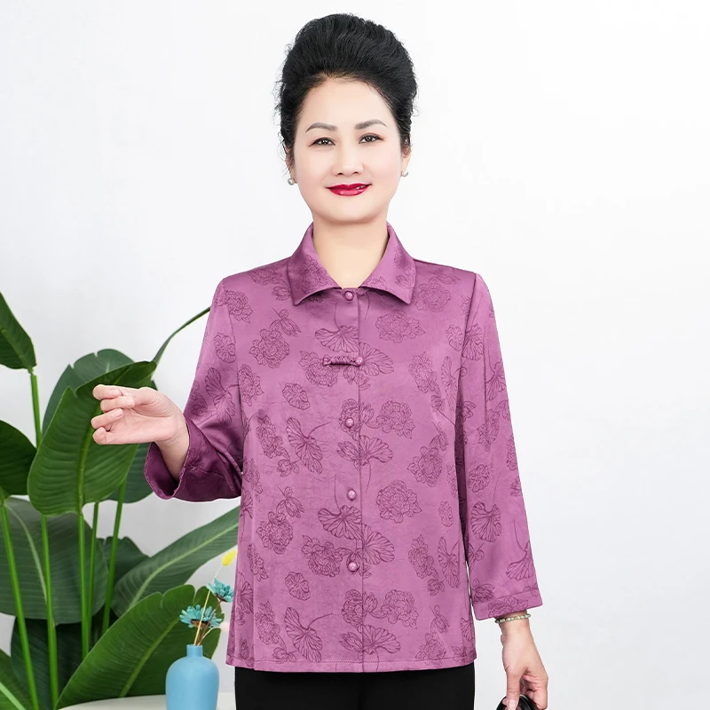 华太太女装夏新款高贵洋气胖妈妈大码衬衫上衣夏季印花衬衣B5915