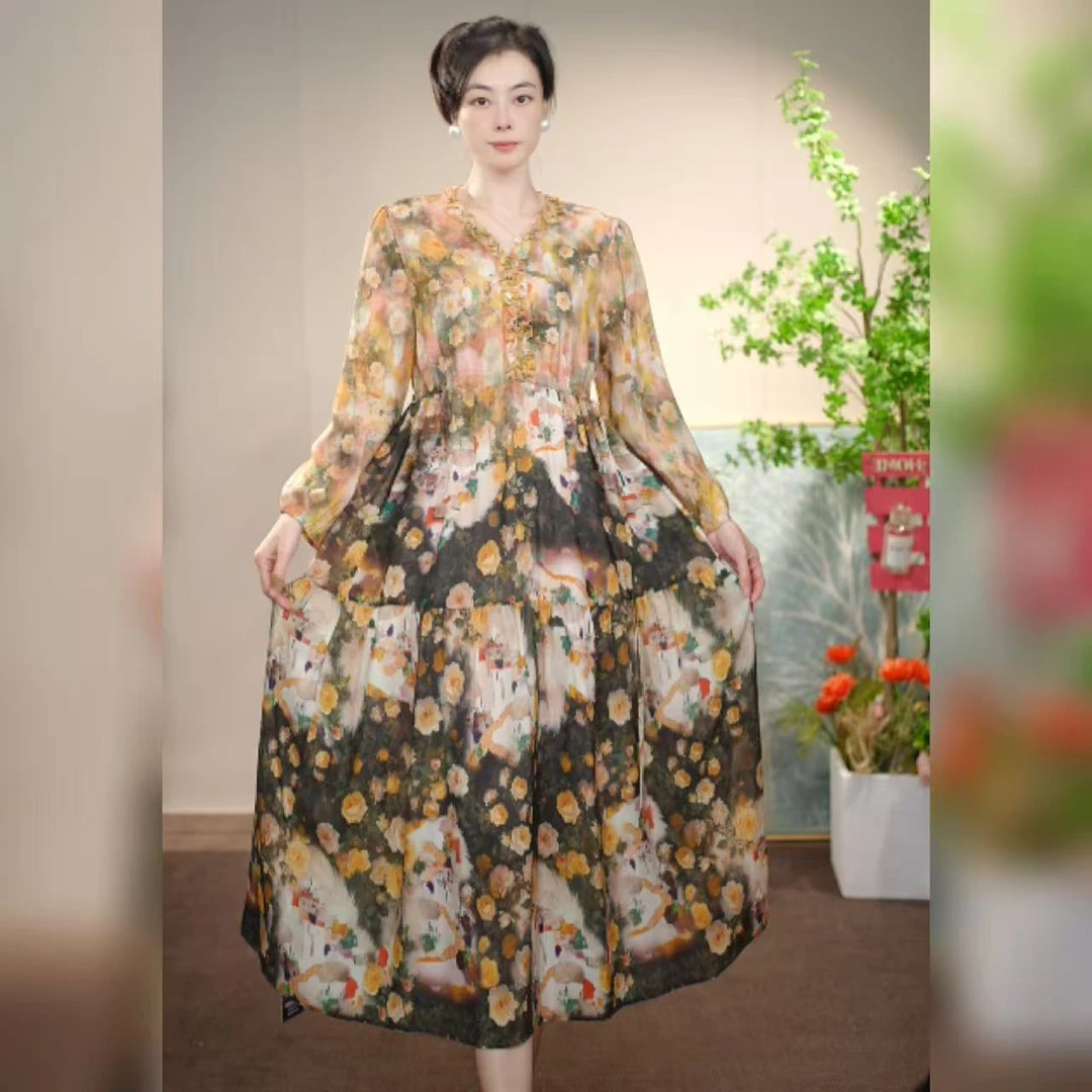 【多米拉】03524-2梵高花园淑女碎花花色连衣裙气质