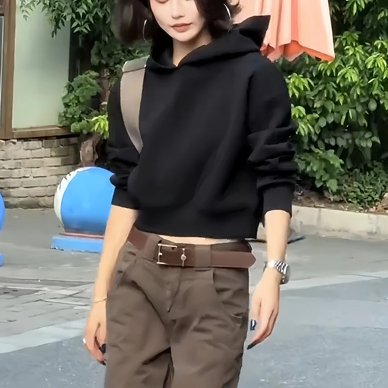 连帽秋季短款显瘦卫衣2025年新款纯色日常百搭女装休闲风慵懒上衣