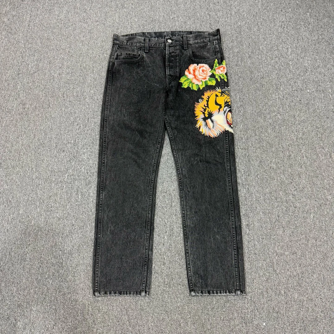 99新 GUCCI/古驰 18414270古驰 灰色虎头花卉刺绣牛仔裤 30码99新