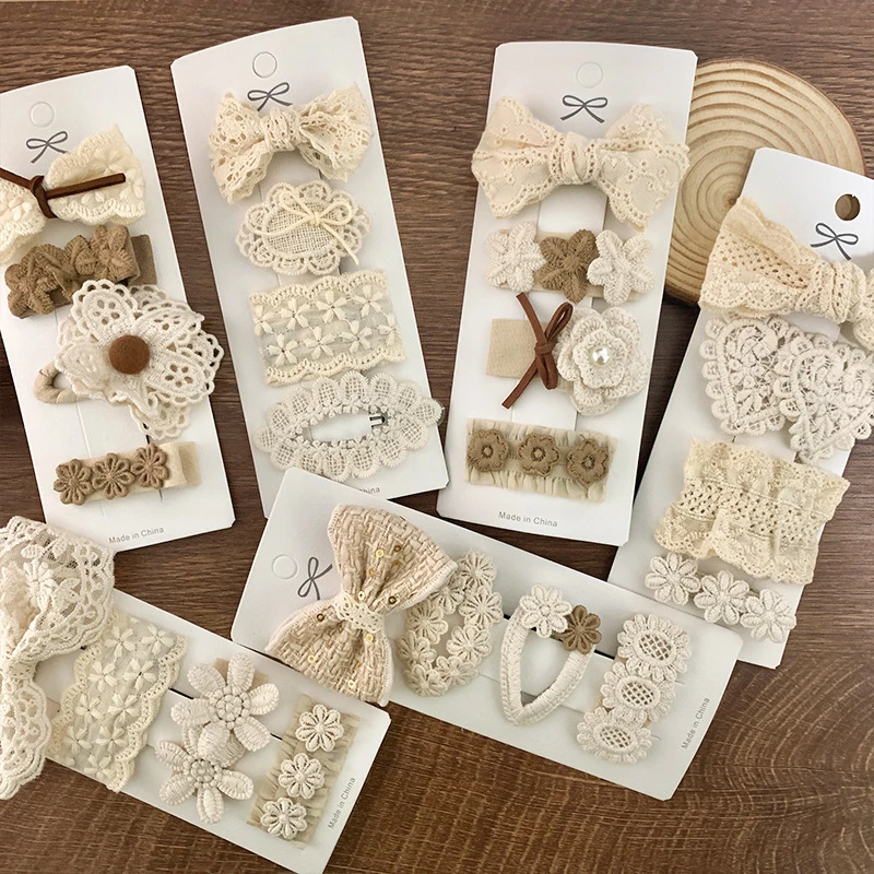 韩版奶咖布艺蕾丝发夹宝宝侧边发卡儿童蝴蝶结发饰小女孩可爱头饰