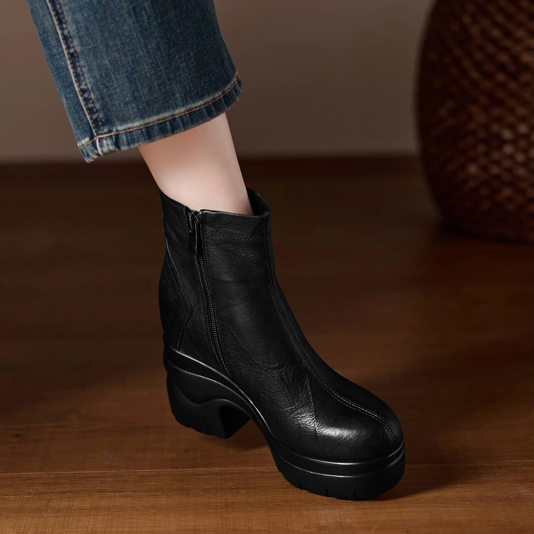 法式复古小踝靴2025秋季新款真皮防水台粗跟高跟短靴厚底软底裸靴
