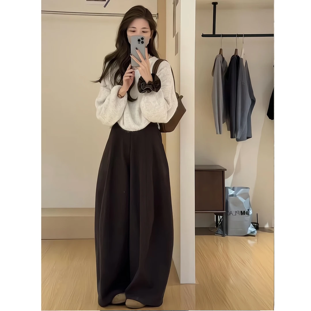 2026早秋新款韩系纯色简约针织衫长袖上衣宽松休闲阔腿裤显瘦裤子