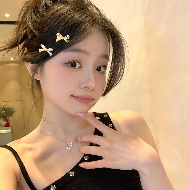 秋冬甜酷金属鸭嘴夹蝴蝶结发夹女边夹小夹子前额刘海夹发卡发饰