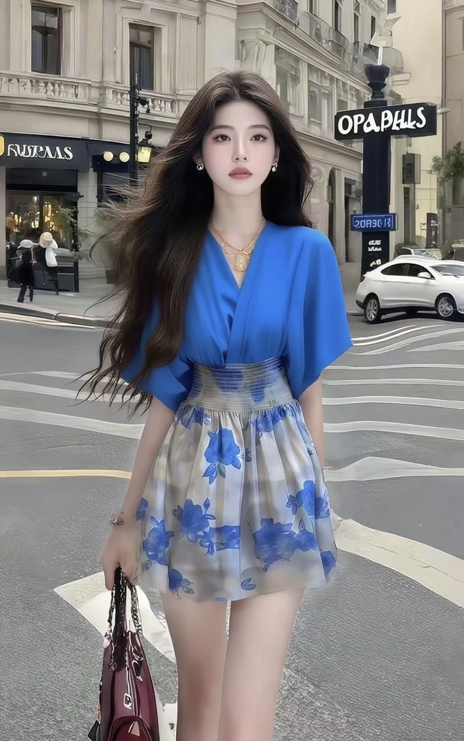 温柔纯欲千金风松弛感V领短袖收腰蓝色连衣裙女时尚气质高级女装