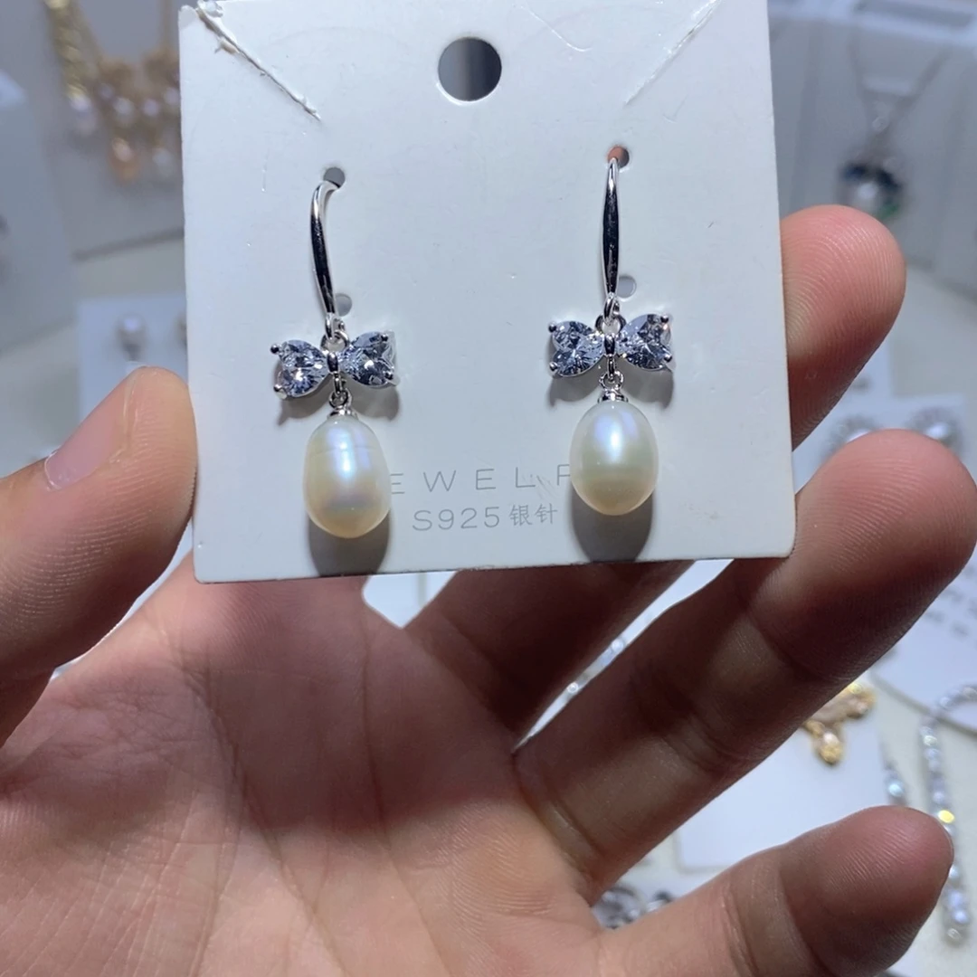 耳饰银S925镶嵌淡水珍珠