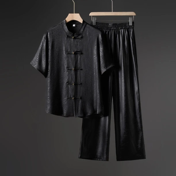 （主播同款套装）新中式醋酸缎面盘扣短袖直筒裤套装