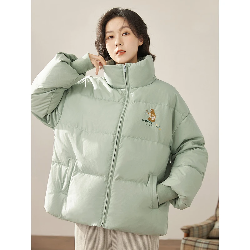 【北欧暖冬】茵曼中国好羽绒冬时尚立领宽松落肩绣花章仔保暖羽绒服