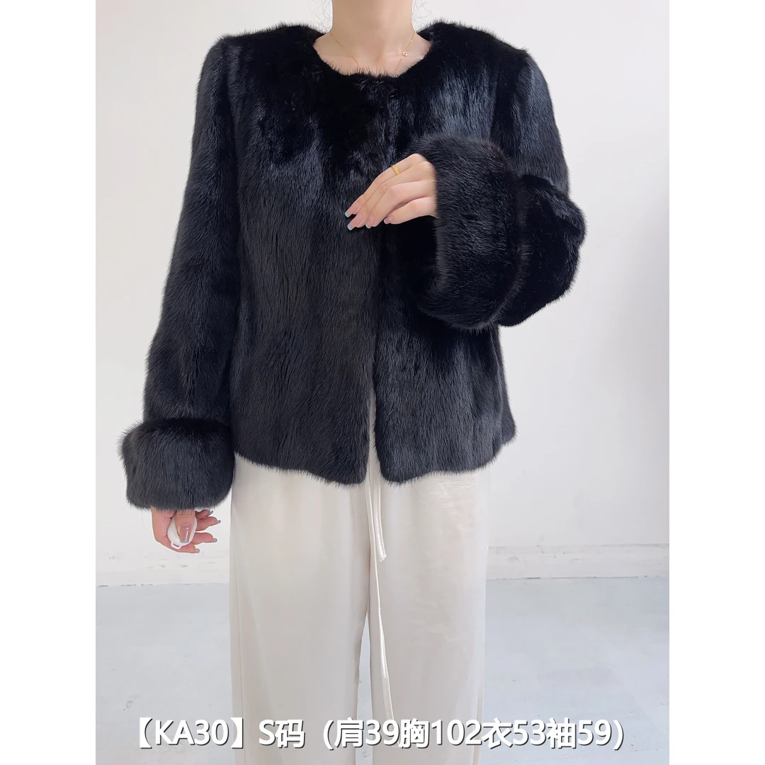 【KA30】S 纯黑色超短款全抽貂皮大衣外套女 圆领挽袖 25030