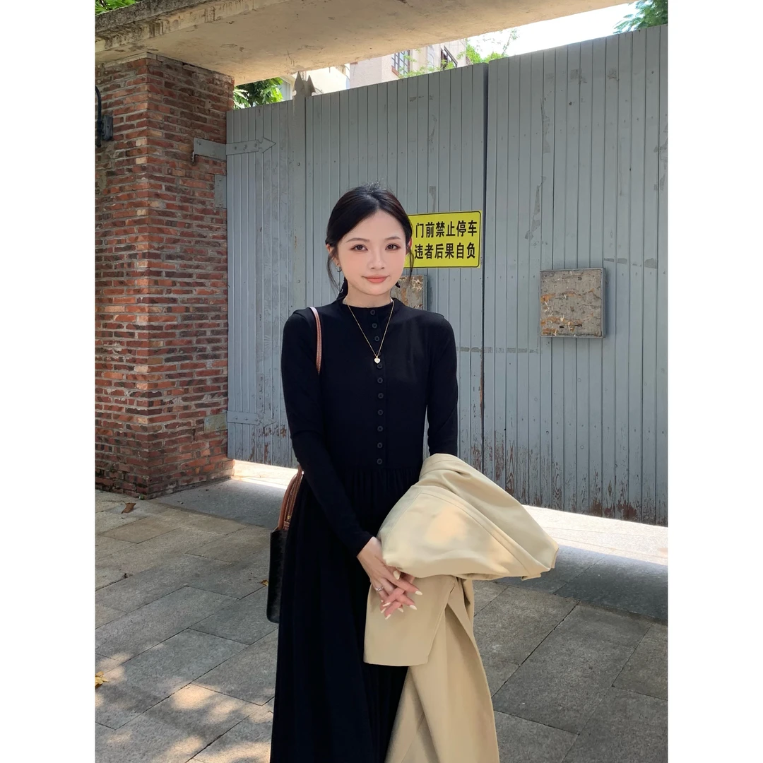 YO定制150小个子简约大方半高领长袖连衣裙秋冬内搭显瘦A字长裙子