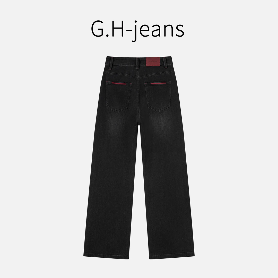 【G.H】2025春季新款炭黑色安可拉红线设计厚款显瘦窄版直筒牛仔裤