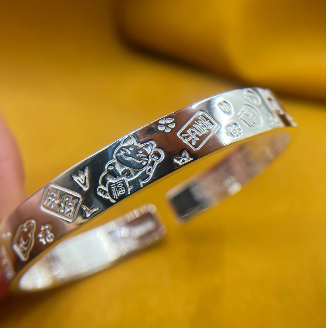 足银手镯 足银999.9开口吉言实心心经手镯