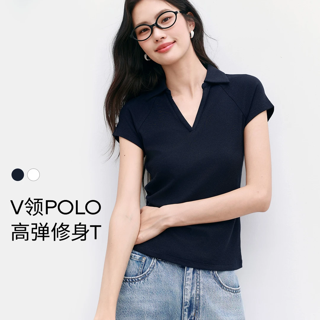 伊芙丽2025夏季女装V领Polo上衣高弹修身插肩短袖T恤1G4901591