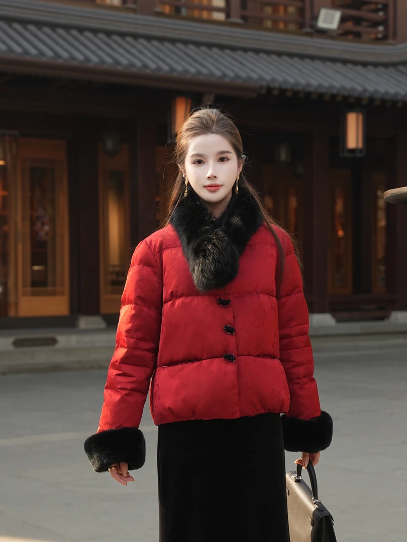 【日照琉璃】新中式国风撞色纽扣蝴蝶结保暖羽绒服外套MCFYR1513