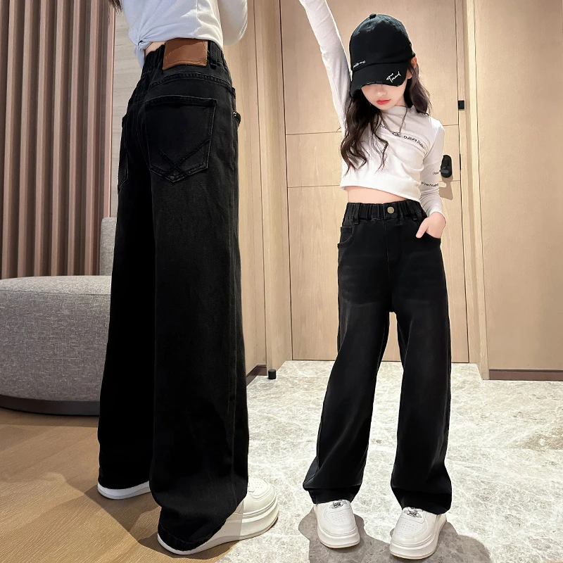 女童裤子秋2025新款儿童牛仔裤初中生女孩大童长裤加绒阔腿裤12