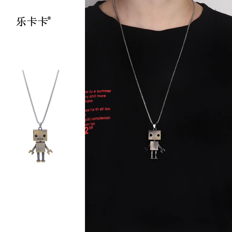 钛钢项链 复古项链男女潮土酷蹦迪盒子可爱机器人可活动四肢做旧