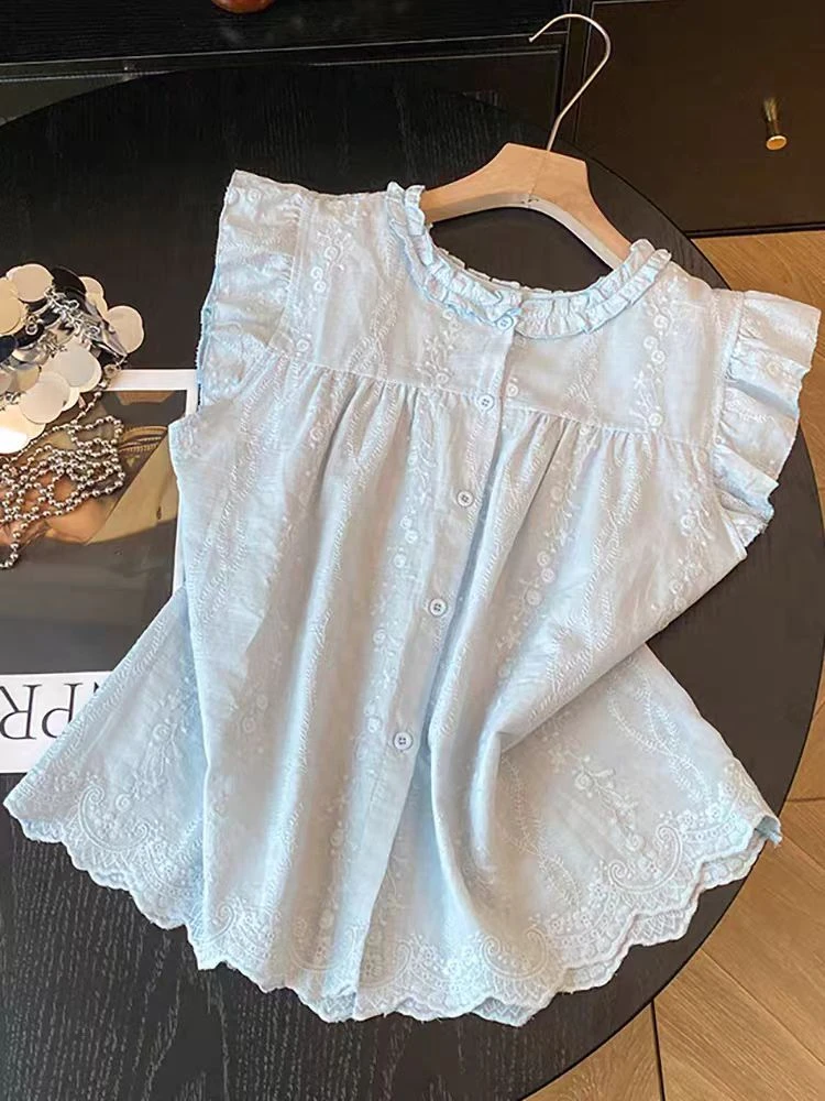 白色休闲风木耳夏季法式无袖常规衬衫薄款时尚多巴胺穿搭洋气百搭