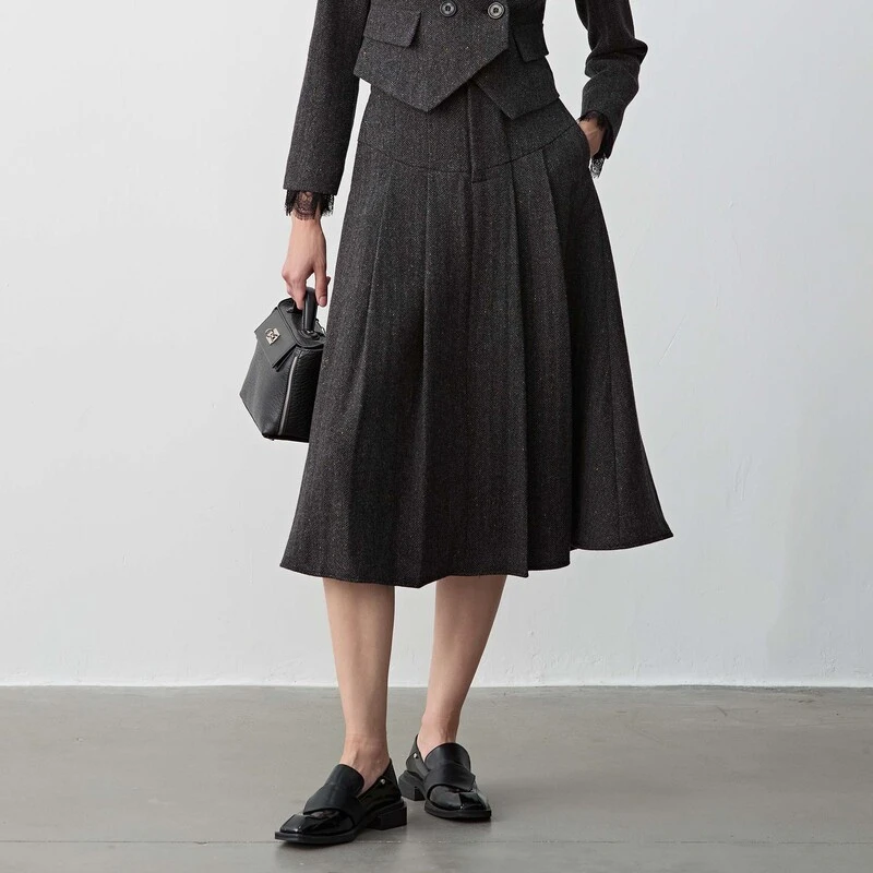 【安瞳专属】圣迪奥显瘦高腰复古毛呢学院风中长款A字裙S23481111