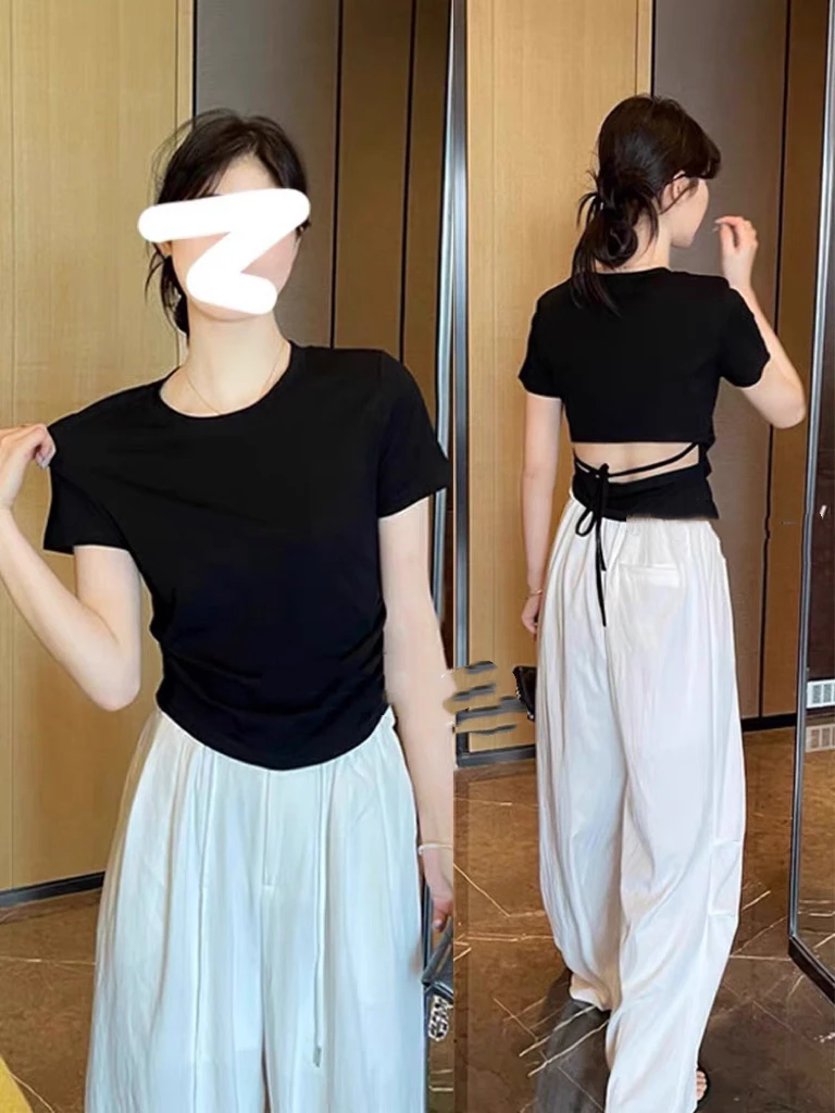 李允真～25年夏季后腰绑带露腰收腰显瘦上衣T恤