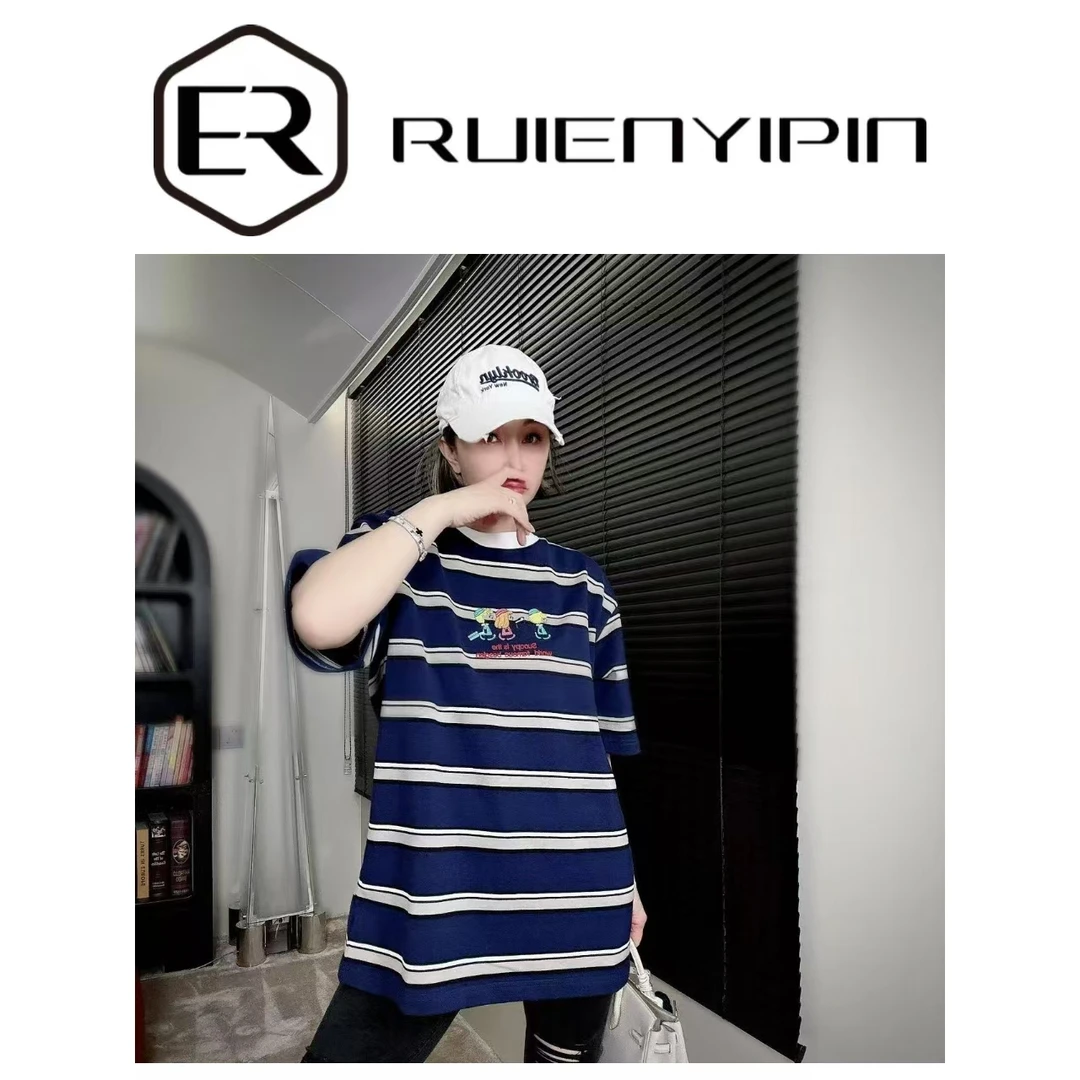 6806#刺绣三人条纹短袖T