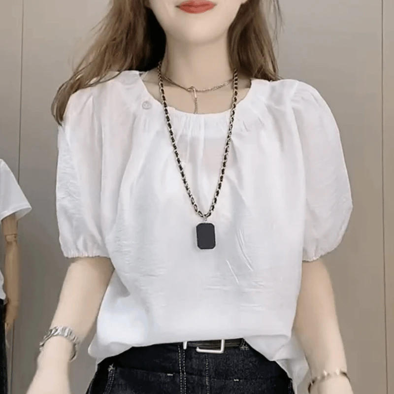 夏季大码纯色短袖衬衫新款时尚圆领褶皱后扣洋气显瘦宽松女士上衣