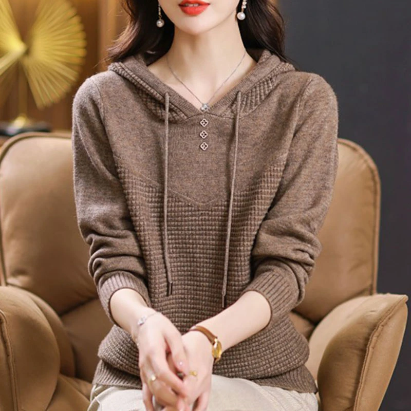 鄂尔多斯市100纯羊毛衫连帽卫衣女春秋新款韩版宽松显瘦针织毛衣