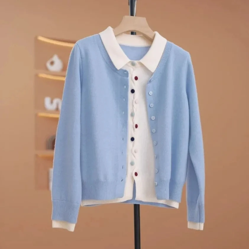 2025春秋新款洋气假两件上衣针织开衫女百搭翻领毛衣减龄打底宽松