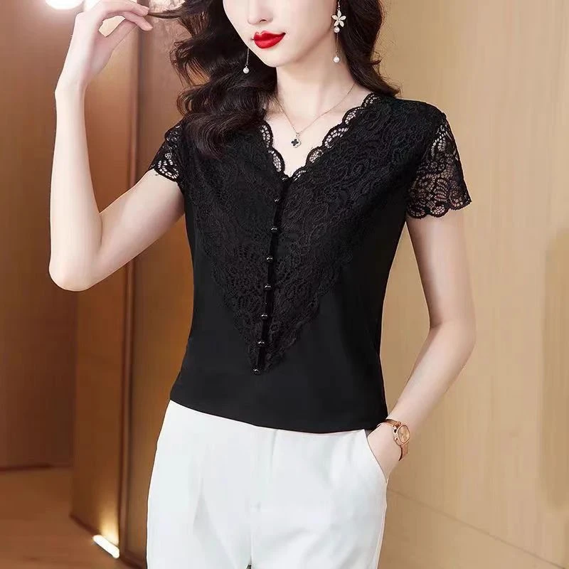 蕾丝上衣女短袖2025新款时尚小衫夏季V领打底衫女洋气百搭减龄T恤