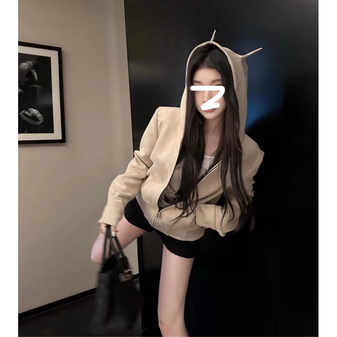 小恶魔复古鹿皮绒长袖夹克上衣女秋连帽短款外套女kk-08603