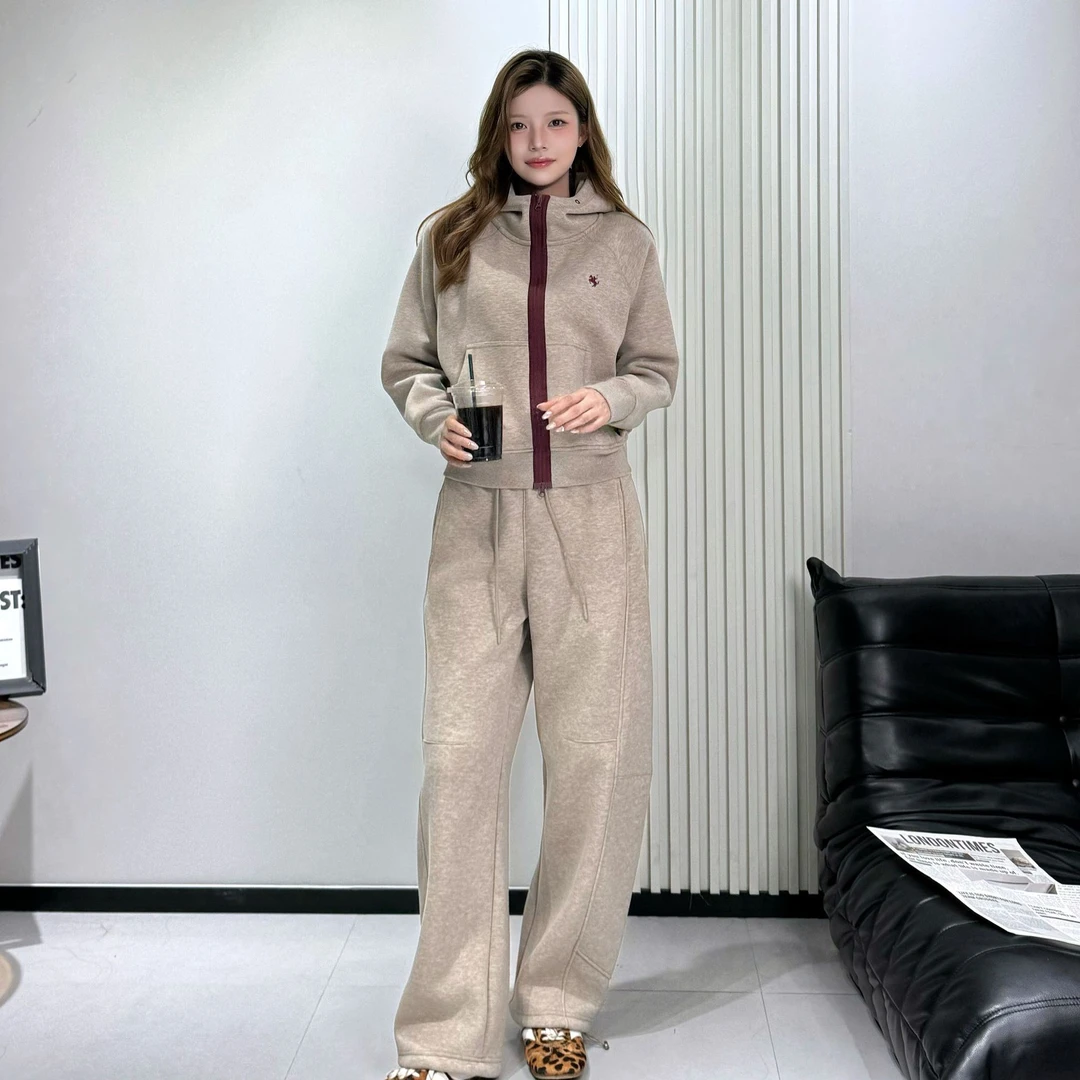 【冬日小火山】冬季桑-蚕-丝羊毛撞色拉链连帽卫衣弯刀裤套装39635
