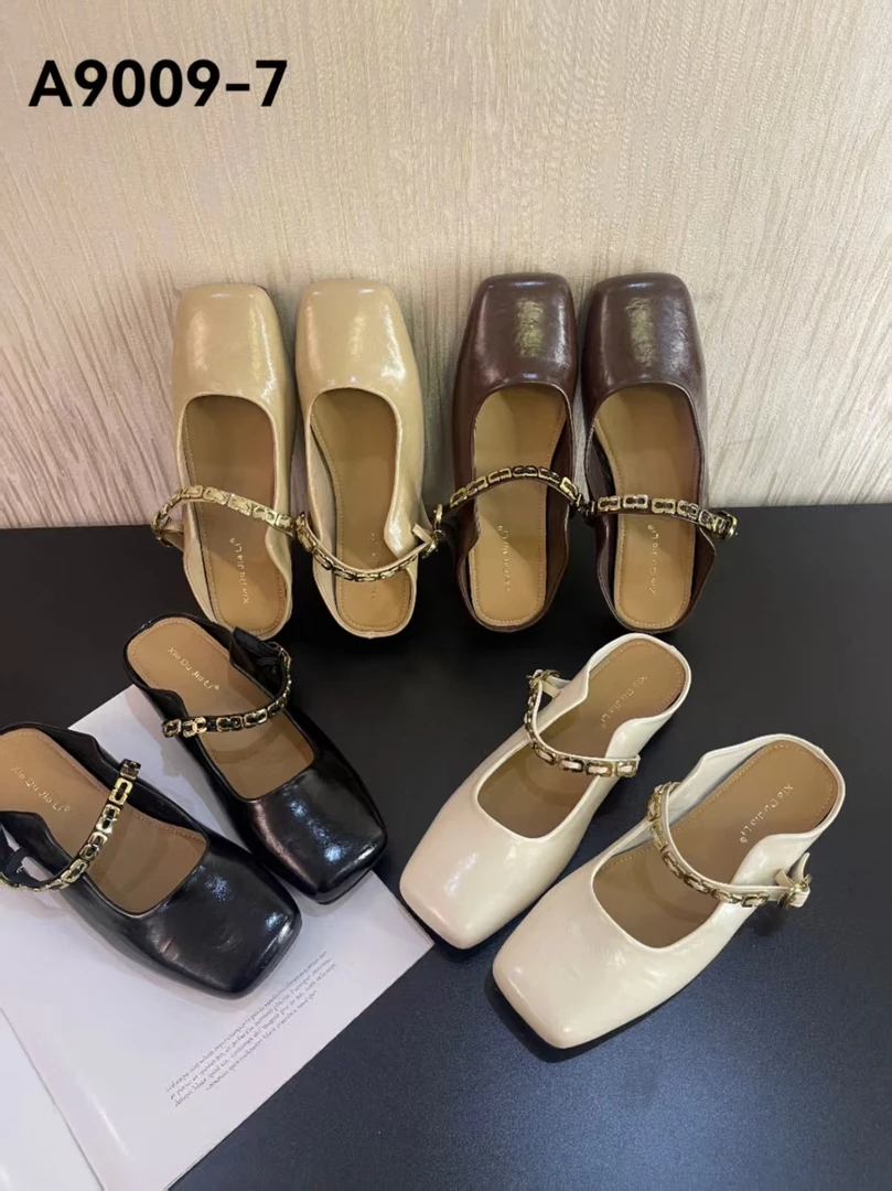 JL A9009-7 韩版百搭玛丽珍一字带包头半拖鞋女外穿一脚蹬链条