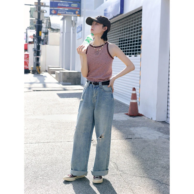 鹿与飞鸟[关于花朵]好看又实穿|超软轻复古休闲破洞牛仔裤5865