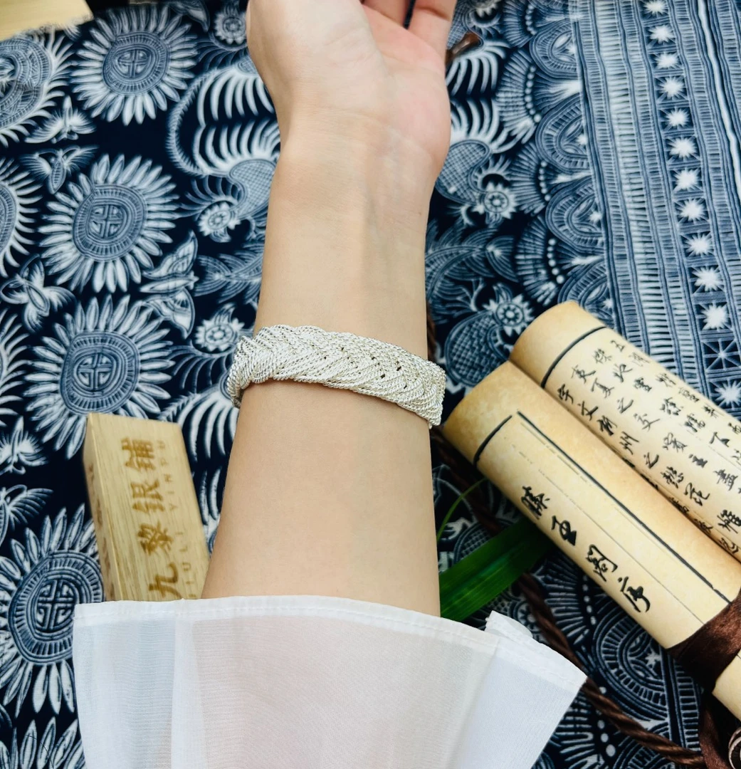 足银手镯 足银手镯足银999.9麦穗编织手镯送女友老婆结婚生日礼物